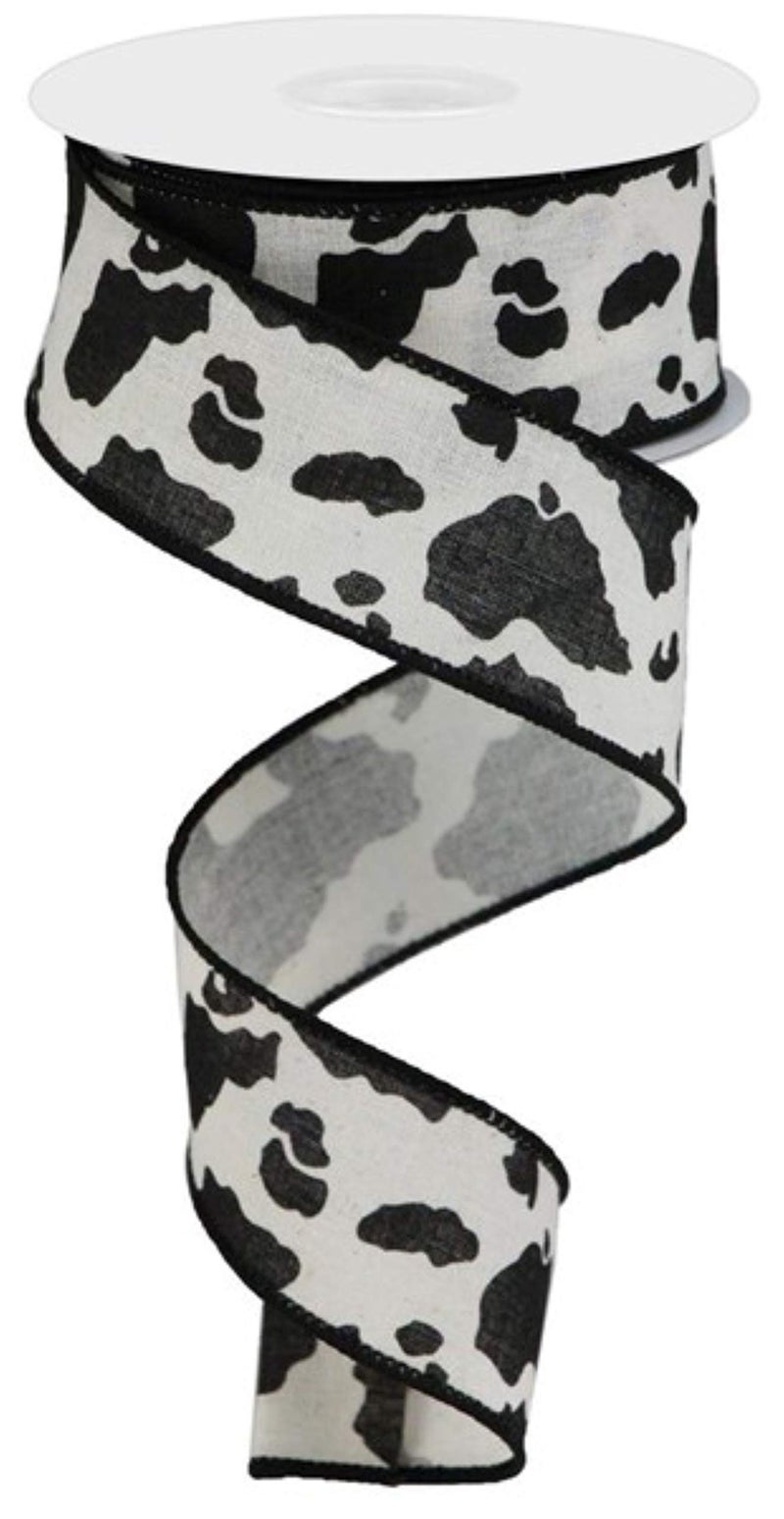 Cow Spots Print Wired Edge Ribbon, 1.5" Wide x 10 Yards, for Bows, Wreaths, Gift Wrap, Crafts and Decorations - Black, White - Cotton and Polyester Blend